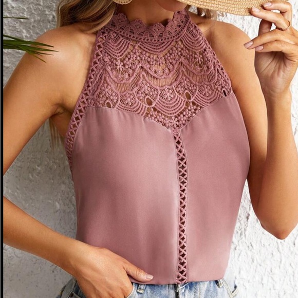 Elegant Classic Sheer Mesh Lace Halter Top Blouse Shirt Pink - Picture 3 of 12